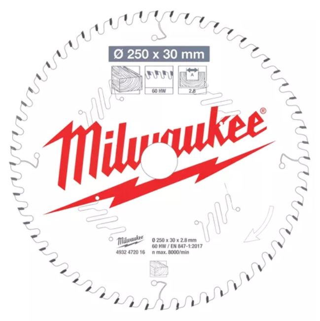 Пильный диск для торцовочной пилы по дереву 250x30x2,8x60 Milwaukee